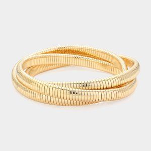 Triple Textured Metal Strand Bangle Bracelet Gold